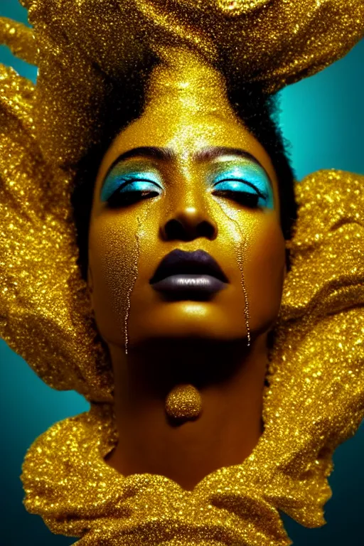 Image similar to hyperrealistic post - dada cinematic very expressive! profile black oshun goddess, shoulders from water!!, mirror dripping droplet!, gold flowers, highly detailed face, digital art masterpiece, smooth eric zener cam de leon, dynamic pearlescent teal light, low angle uhd 8 k, sharp focus