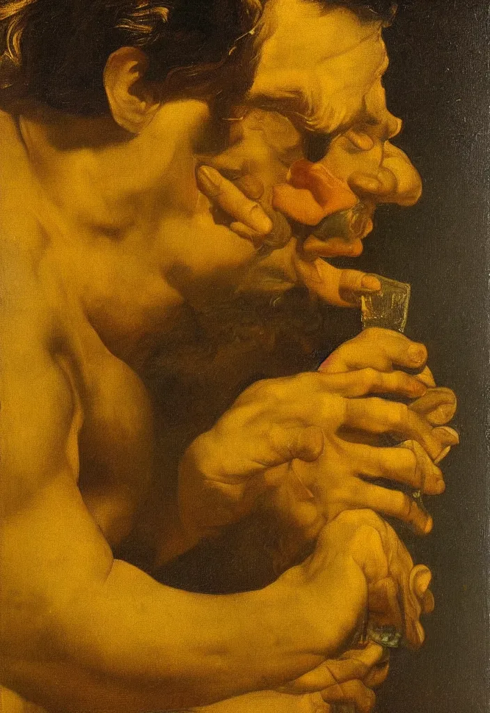 Prompt: men drinks golden liquid, closeup portrait, garden, ultra detailed, Orazio Gentileschi style