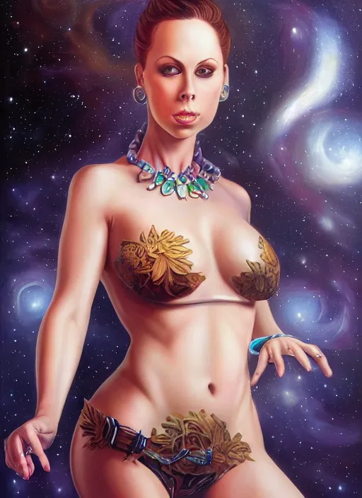 Image similar to beautiful portrait of gianna michaels and the background has a deep space painting by magali villeneuve, intricate, elegant, highly detailed, photorealistic, trending on artstation, trending on cgsociety