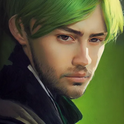 Prompt: A ultra-detailed beautiful portrait painting of a man with medium-length green hair and stubble, Oil painting, by Ilya Kuvshinov, Greg Rutkowski and Makoto Shinkai