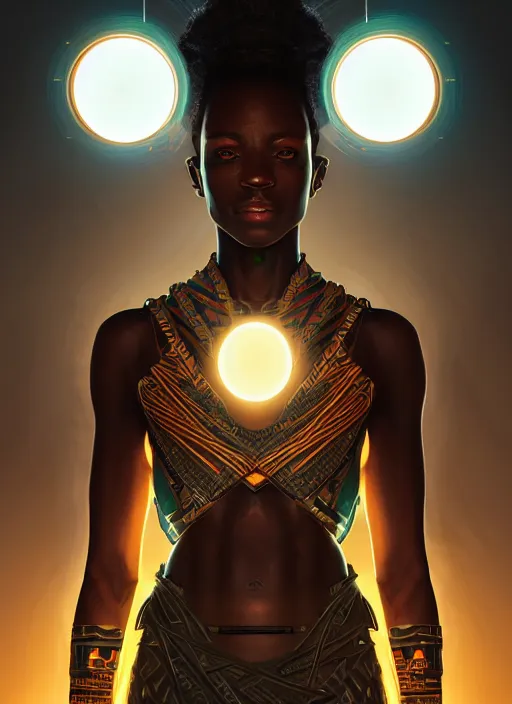 Image similar to symmetry!! portrait of african tribal warrior, tech wear, glowing lights!! intricate, elegant, highly detailed, digital painting, artstation, concept art, smooth, sharp focus, illustration, art by artgerm and greg rutkowski and alphonse mucha