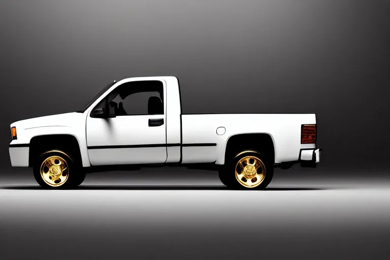 Prompt: closeup fully stock side photo of 2 0 0 2 white single cab 2 door long bed silverado truck on a reflective black floor, hyper detailed, smooth, high contrast, volumetric lighting, golden ratio, octane, jim lee, giorgetto giugiaro, craig mullins, chris bangle, ian callum!, vibrant rich deep color