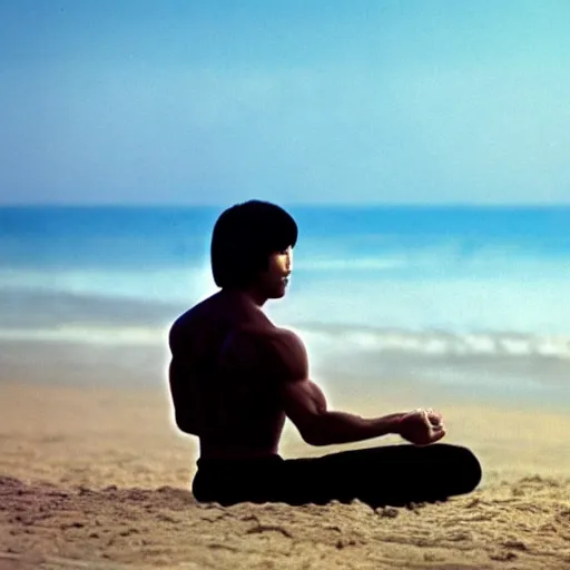 Prompt: bruce lee, meditating on beach, 4 k high definition