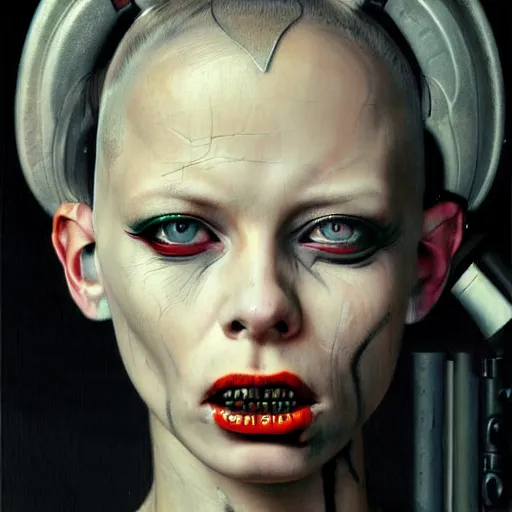 Image similar to cyberpunk portrait of Yolandi Visser, in the style of h.r giger, norman rockwell, giger, highly detailed, soft lighting, 8k resolution, oil on canvas