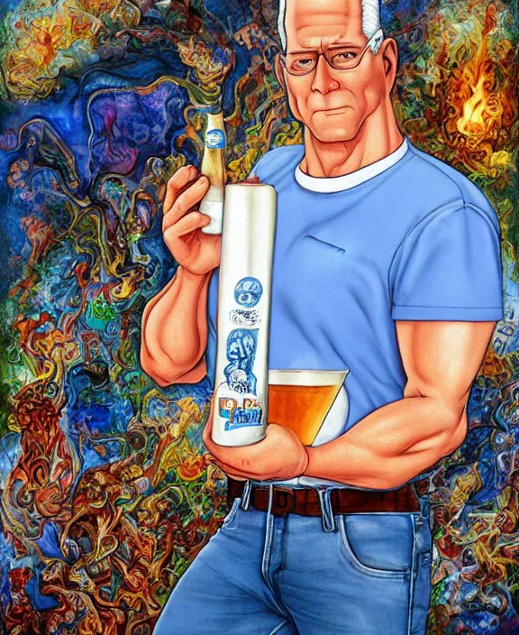 Image similar to hank hill wearing bluejeans and white tshirt, holding a beer, the god of propane, blue flames, propane tanks, magic realism, art by josephine wall, art by mike judge, art by huang guangjian, art by viktoria gavrilenko, art by amanda sage, trending on artstation