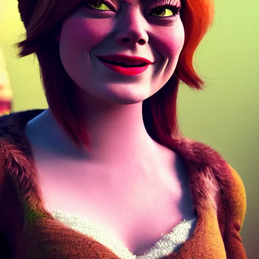 Image similar to Emma Stone as female Shrek, fully detailed, high quality , 4k , octane render