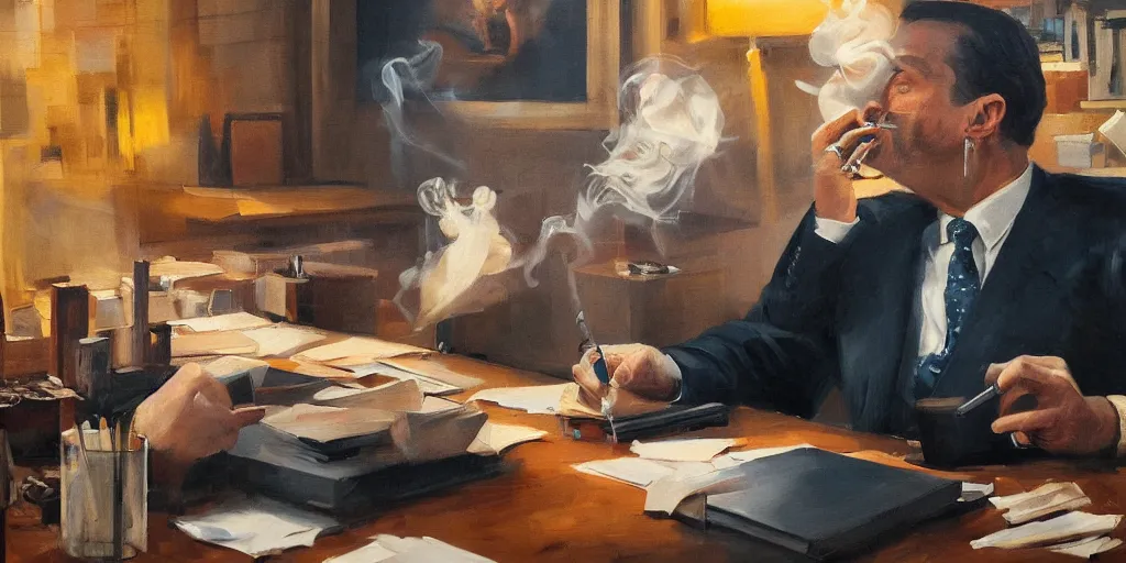 Image similar to abstract oil matte portrait painting, mafia boss smoking a cigar at his 5 0 s new york office desk, wonderful masterpiece highly detailed, beautiful cinematic light deep focus, elegant, digital painting, smooth, sharp focus, golden ratio, dramatic illumination, ultra realistic, 8 k, art by jimmy law