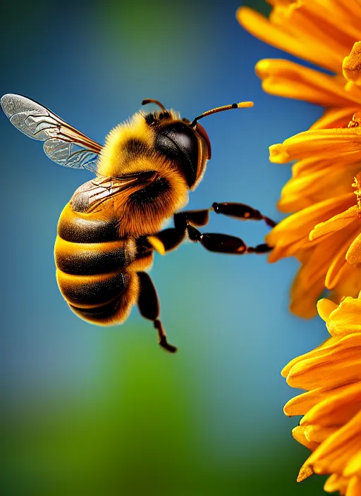 Image similar to highly detailed macro photo of a bee, stephen bliss, unreal engine, global illumination, radiant light, detailed and intricate environment