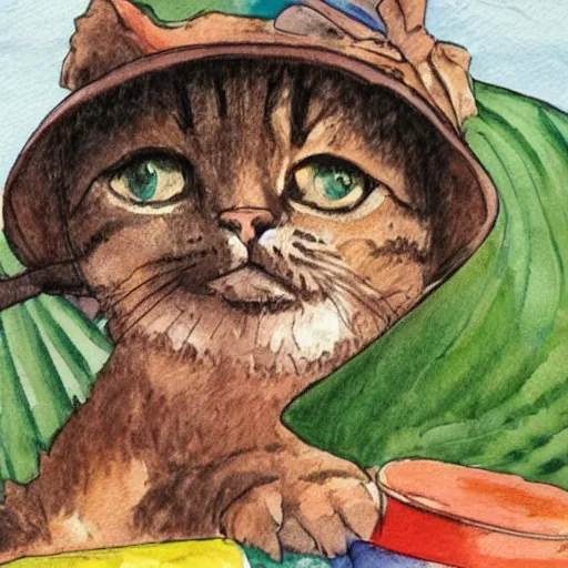 Image similar to a cat wearing a bucket hat and a hawaii shirt, children\'s book watercolor illustration