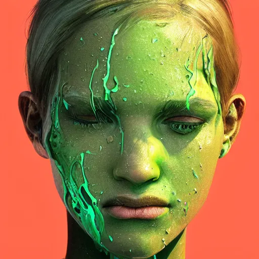 Image similar to face with green goo on it hyperrealistic portrait, photo realistic, poster, artstation, volumetric lighting, digital art, very detailed face by magali villeneuve