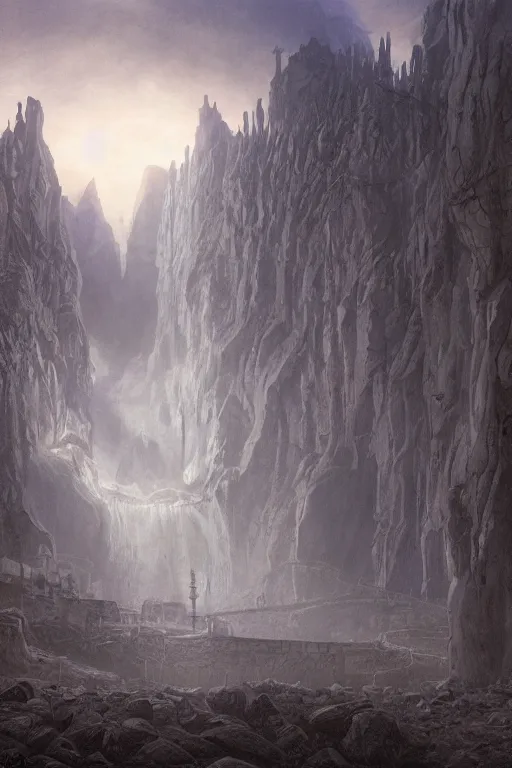 Image similar to Moria in the evening, detailed matte painting, cinematic, Alan Lee, Artstation