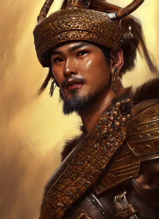 Image similar to smart tai warlord, closeup portrait, historical, ethnic group, traditional tai costume, sukhothai costume, bronze headset, fantasy, intricate, with leather armor cross onbare chest, elegant, loin cloth, highly detailed, oil painting, artstation, concept art, matte, sharp focus, illustration, hearthstone, art by earl norem