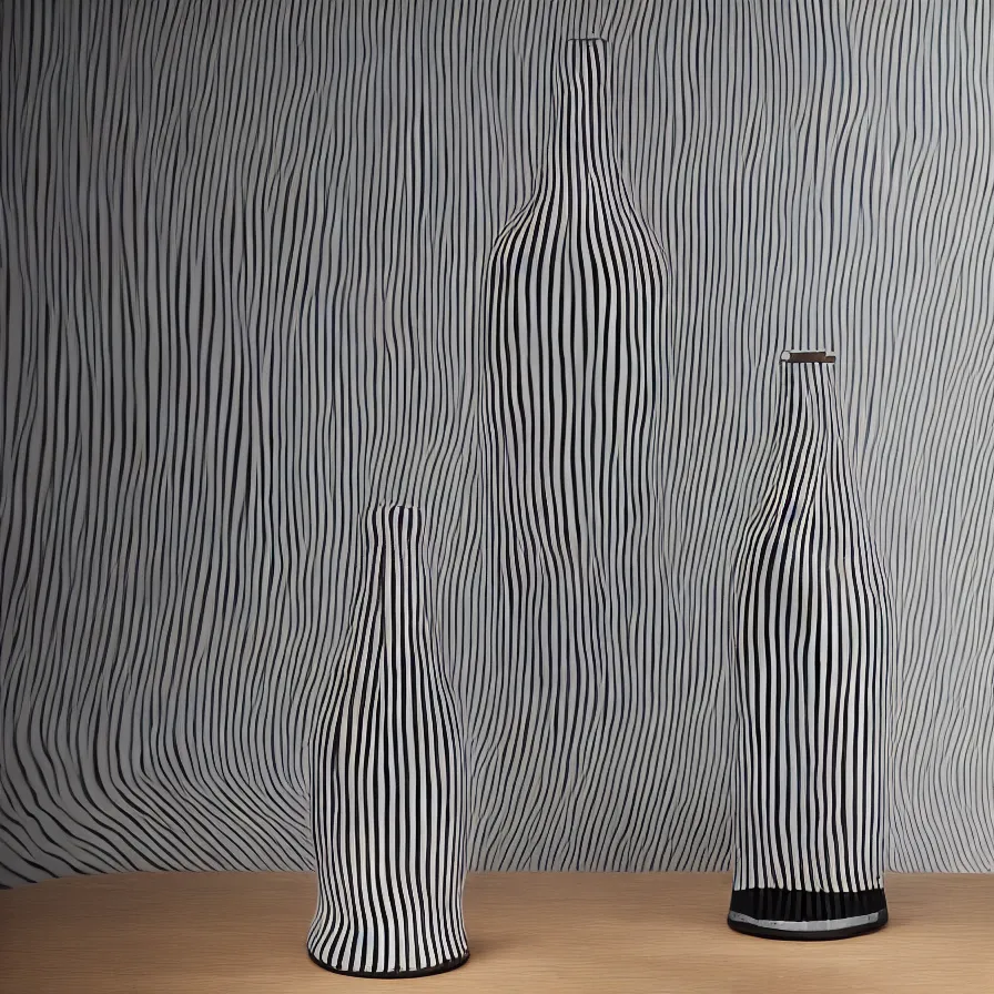 Prompt: beautiful gallery show studio photograph of a giant ceramic sculpture of a bottle, glazed by bridget riley and victor vasarely, placed on a polished wooden table, hyperrealism 8 k trending on artstation