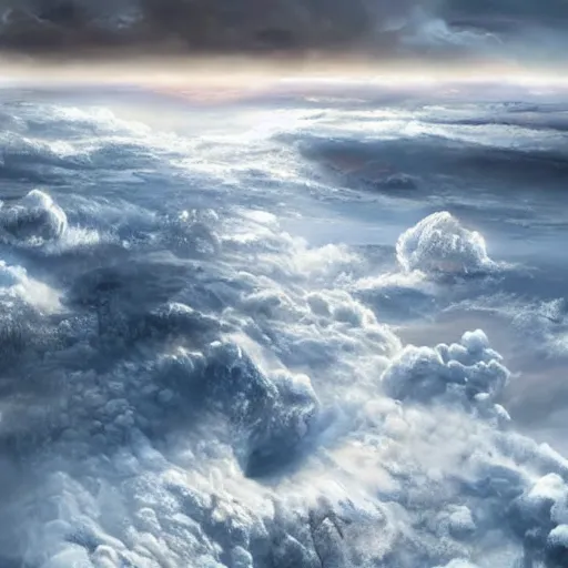 Image similar to world covered with enormous clouds, thru clouds there is slightly visible ice covered world, matte painting, concept art, illustration highly detailed artwork cinematic hyper realistic