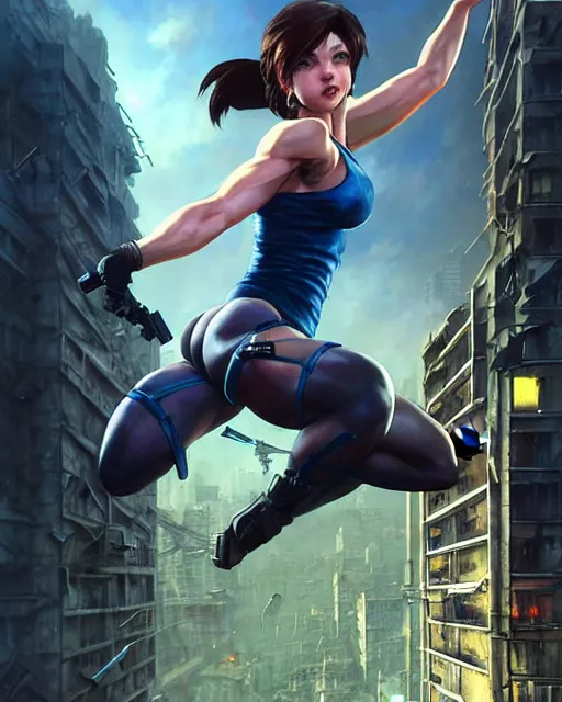 Image similar to gigachad jill valentine bodybuilder jumping from a building fighting in racoon city, fantasy character portrait, ultra realistic, anime key visual, full body concept art, intricate details, highly detailed by greg rutkowski, ilya kuvshinov, gaston bussiere, craig mullins, simon bisley