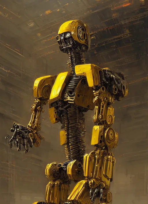 Image similar to human-sized strong intricate yellow pit droid, pancake flattened head, exposed metal bones, painterly humanoid mecha, by Greg Rutkowski
