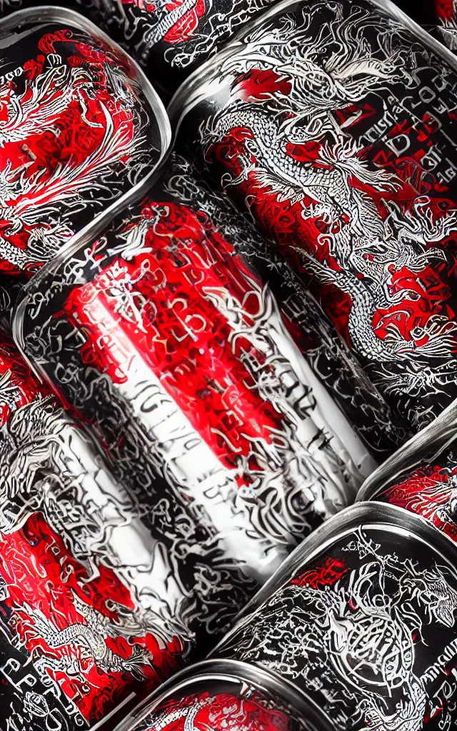 Image similar to a single aluminium can of a dragon-flavored energy drink, intricate and detailed, gold and red and silver design, professional studio photography, detailed black and red background, packshot