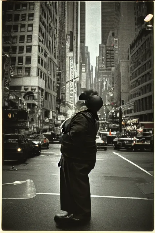 Image similar to close-up photography, fat man looks at bird in New York, soft light, 35mm, film photo, Joel Meyerowitz