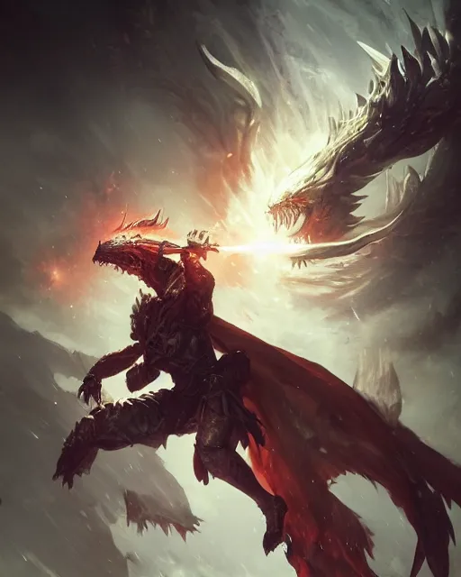 Image similar to bladedancer fighting a dragon, lineage 2 revolution + diablo 3 style, by greg rutkowski, trending on art station,