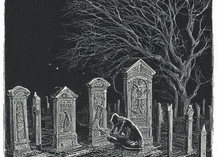 Image similar to woodcut print, ghost in graveyard at midnight by greg rutkowski