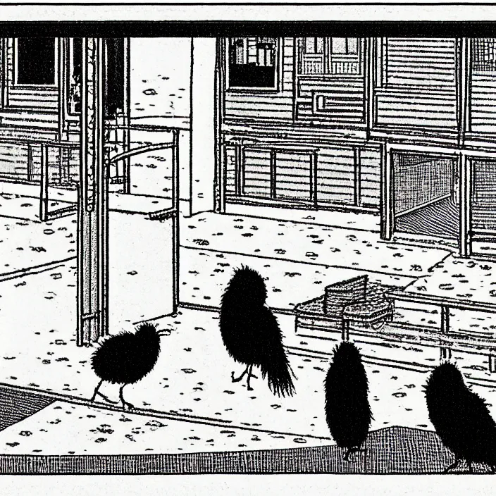 Image similar to a still frame from comic strip, black funny fluffy hairy bird 1 9 5 0, hasui kawase, herluf bidstrup, new yorker illustration, monochrome bw, lineart, manga, tadanori yokoo, simplified, isometric blueprint