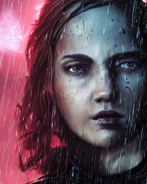 Image similar to An epic fantasy comic book style portrait painting of a very beautiful imposing Industrial goth Ellie (The Last of Us) in the rain, wet hair, neon reflections, character design by Mark Ryden and Pixar and Hayao Miyazaki, unreal 5, DAZ, hyperrealistic, octane render, cosplay, RPG portrait, dynamic lighting, intricate detail, cinematic