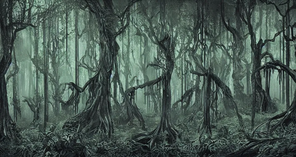 Prompt: A dense and dark enchanted forest with a swamp, by studio 4c