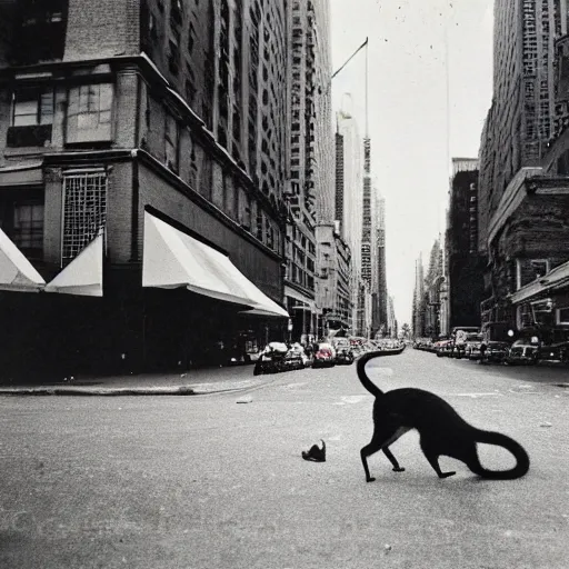 Prompt: wide-shot very low-angle eyesight photo of stray cat and a banana peel at the street in New York, polaroid photo, by Andy Warhol, signed