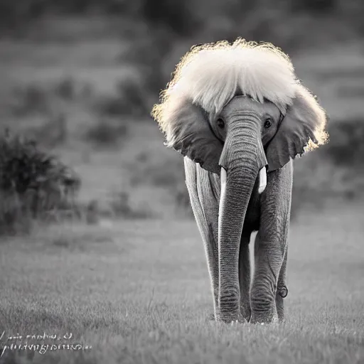 Prompt: cross between a poodle and an african elephant, standing on the affrican savanah, fluffy white curly fur, award winning photography