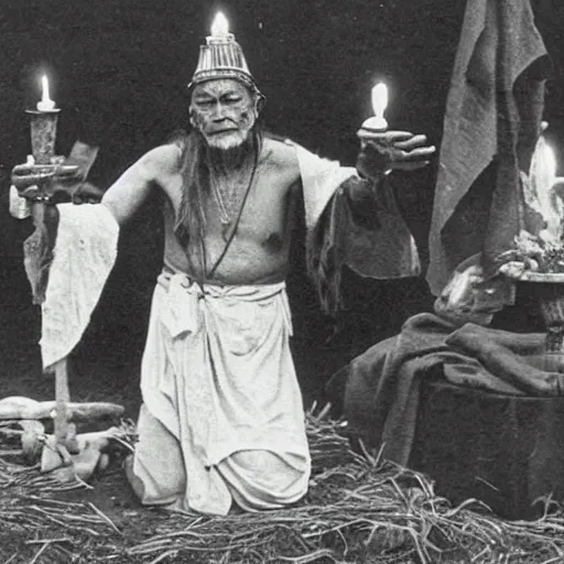 Prompt: old photograph of an ancient shaman performing a divine pagan ritual