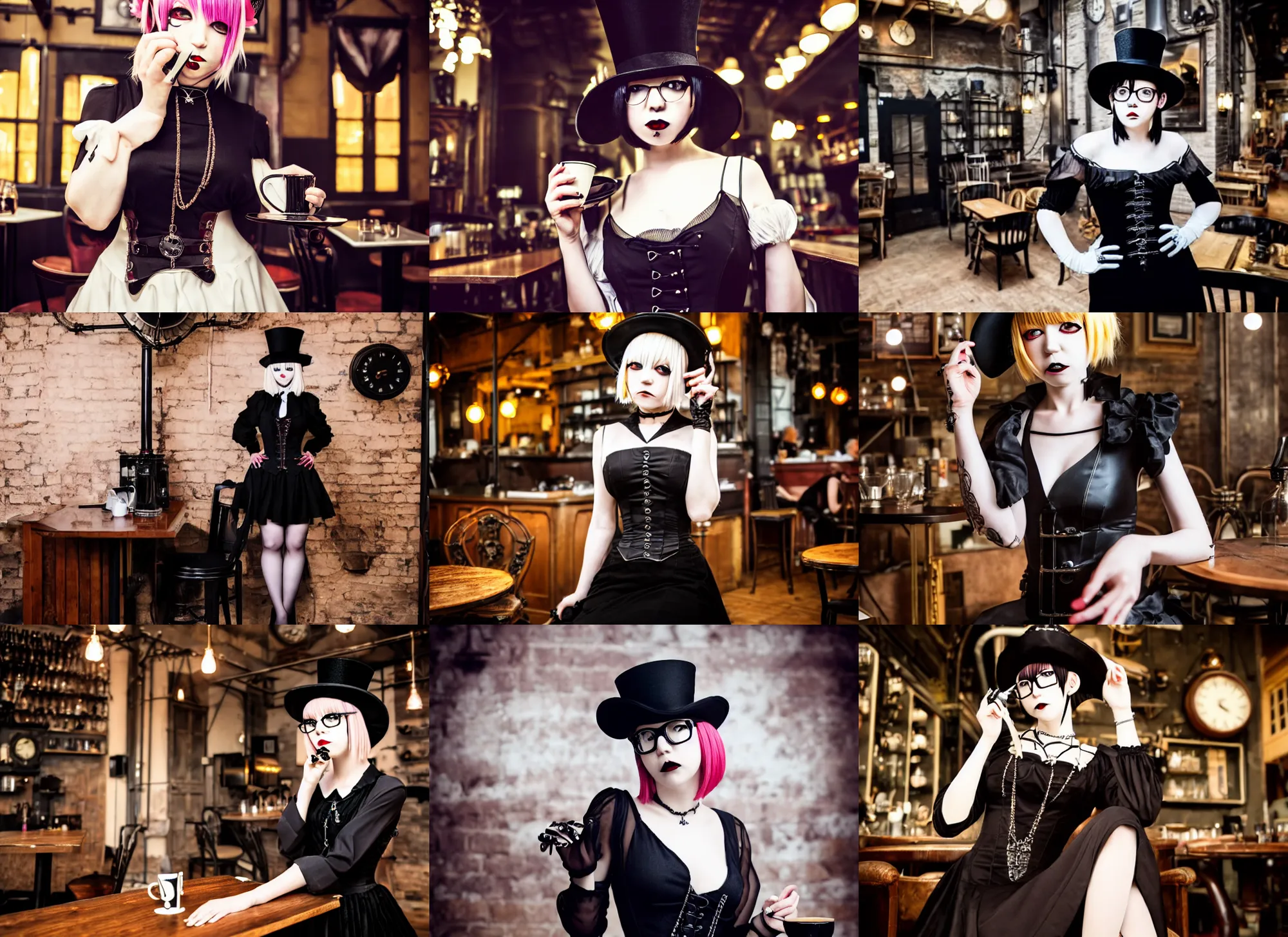 Prompt: full body portrait photo of reol wearing a elegant gothic dress, open top, wearing a tophat, and glasses. drinking coffee in a busy steampunk cafe interior. studio lighting, at night, realistic, ( ( photograph ) ), moody