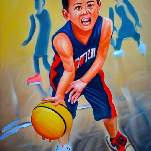 Image similar to a painting of a kid playing basketball, close up, action shot