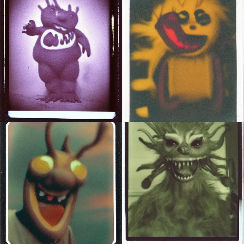 Prompt: instax polaroid film still of a garfield creature with fangs and claws, faded glow, creepypasta