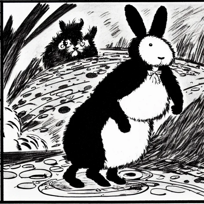 Image similar to a still frame from comic strip, black fluffy hairy furry rabbit on a clean background 1 9 5 0, herluf bidstrup, new yorker illustration, monochrome contrast bw, lineart, manga, tadanori yokoo, simplified,