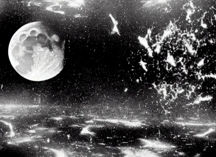 Image similar to vintage film still of the moon exploding shattering fragments in the sky around the exploding moon over new york city in the 1 9 2 0 s from the old sci - fi movie