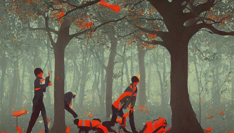 Image similar to safety cones scattered around an oak tree forest, by james jean by ilya kuvshinov kintsugi, hyper detailed surrealist painting, beautiful lighting