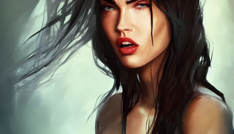 Image similar to concept art by jama jurabaev, megan fox, cinematic shot, trending on artstation, high quality, brush stroke