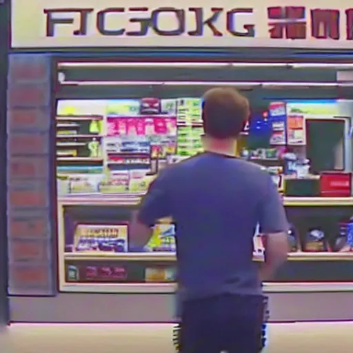 Prompt: cctv footage of mark zuckerberg robbing a convenient store holding a gun