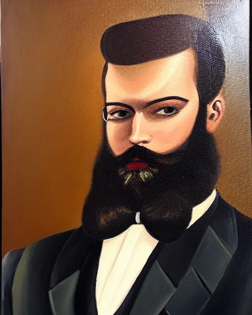 Image similar to a oil painting portrait of a stylish bearded man wearing suit outfit