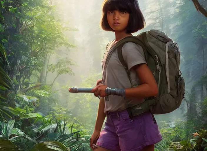 Image similar to real teen dora the explorer. epic cinematic hyperrealism masterpiece. realistic poster with shaded lighting by craig mallismo, artgerm, jeremy lipkin and michael garmash, unreal engine, radiant light, detailed and complex environment, octane photoreal 3 d render, art station trends