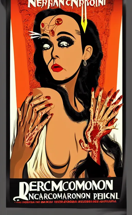 Image similar to 8 k cursed with necronomicon horrorcore cel animation poster depicting dominican woman with sharp nails, intricate faces, metropolis, 1 9 5 0 s movie poster, post - processing, vector art