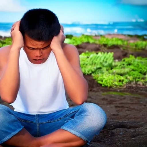 Image similar to hawaiian boy ungrateful for the things he has in his life, stressing out