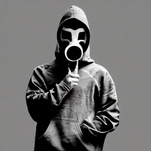 Prompt: higly details of gas mask asian guys holding his hoodie sleeve, black and white effect, banksy art style