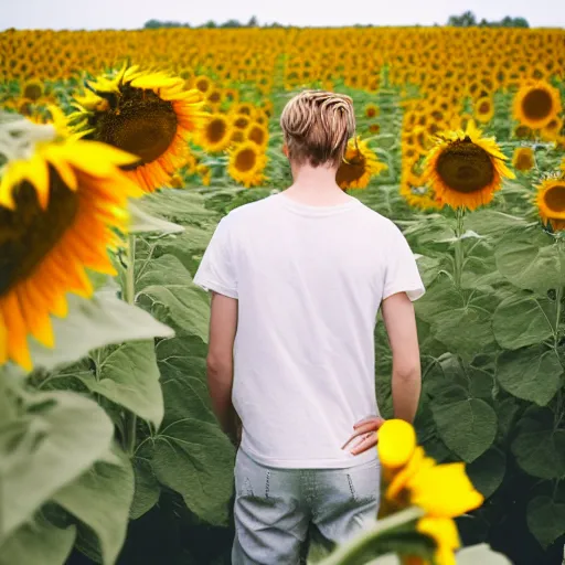 Image similar to kodak portra 4 0 0 photograph of a skinny blonde guy standing in field of sunflowers, back view, flower crown, moody lighting, telephoto, 9 0 s vibe, blurry background, vaporwave colors, faded!,