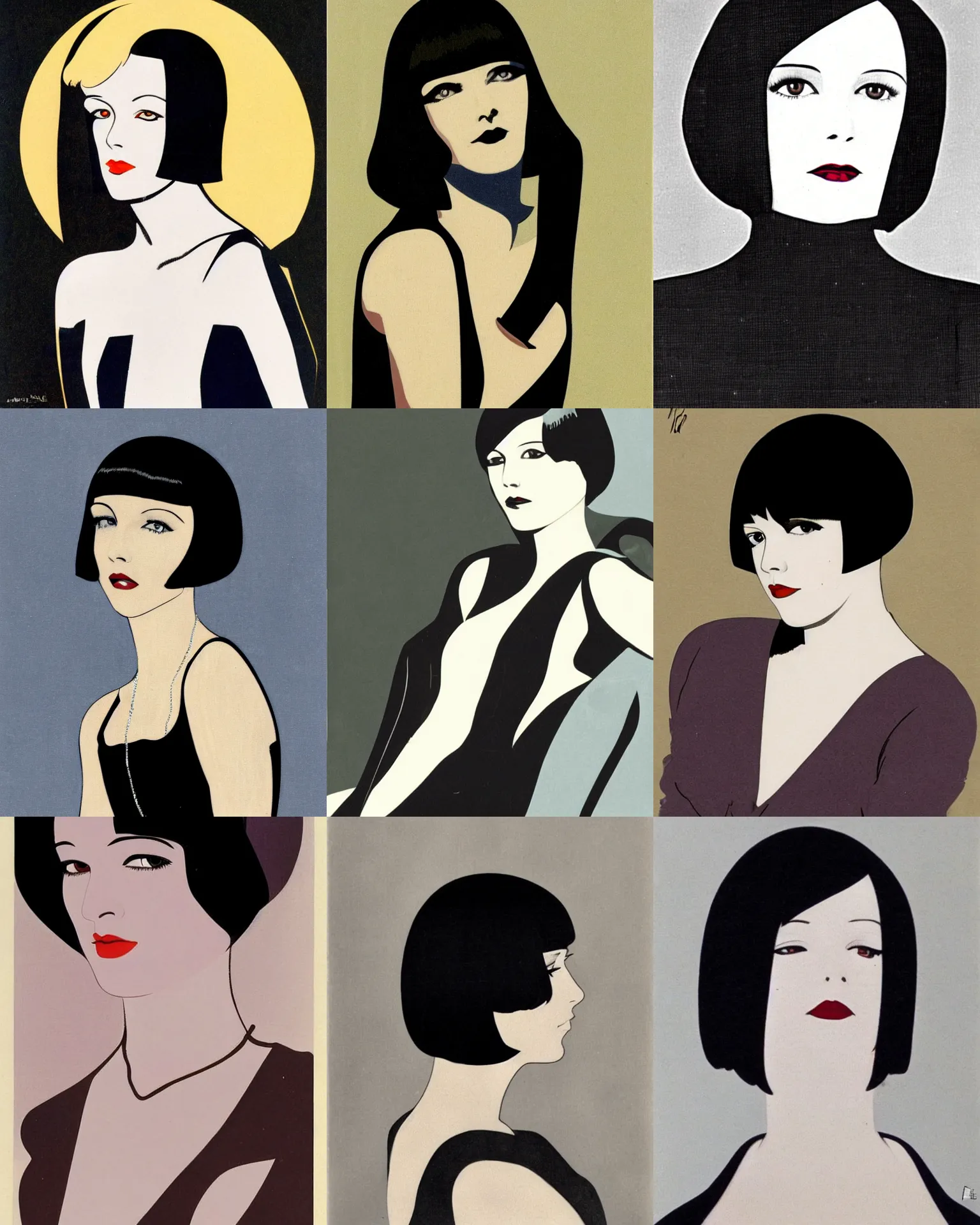 Prompt: Mary Louise Brooks 25 years old, bob haircut portrait by Patrick Nagel, 1920s,