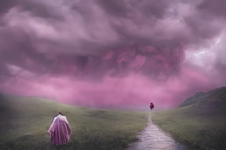 Image similar to giant dahlia flower crown under head, girl walking on mountain, surreal photography, pink and grey storm clouds, dramatic light, impressionist painting, digital painting, artstation, simon stalenhag