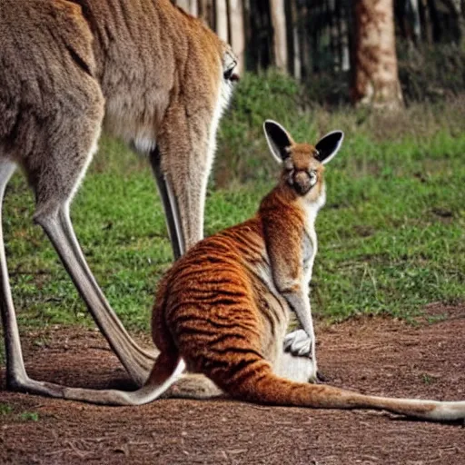 Image similar to a kangaroo with tiger stripes and a big red beard