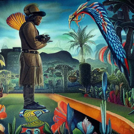 Image similar to high quality, high detail painting, dutch masterpiece, darryl mccray, film noir, diego rivera, high garden scene with quetzalcoatl at night, hd, muted lighting