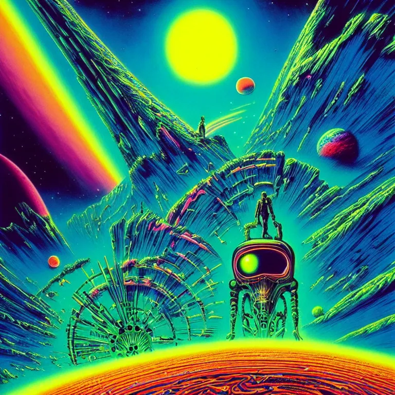 Prompt: edge of interstellar space, synthwave, bright neon colors, highly detailed, cinematic, tim white, philippe druillet, roger dean, ernst haeckel, lisa frank, vladimir kush, kubrick, kimura, isono