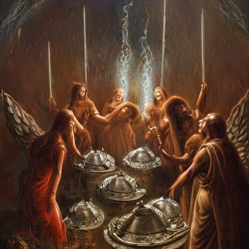 Prompt: seven angels come forth and receive seven bowls full of the wrath of god, smoke fills the temple so that no one can enter till the plagues of the seven angels have been complete, by gustave dore and stephen hickman and allen williams, trending on artstation, cgsociety, 4 k hd, earthtone colors, skulls in the smoke, an open canvas tent in the background